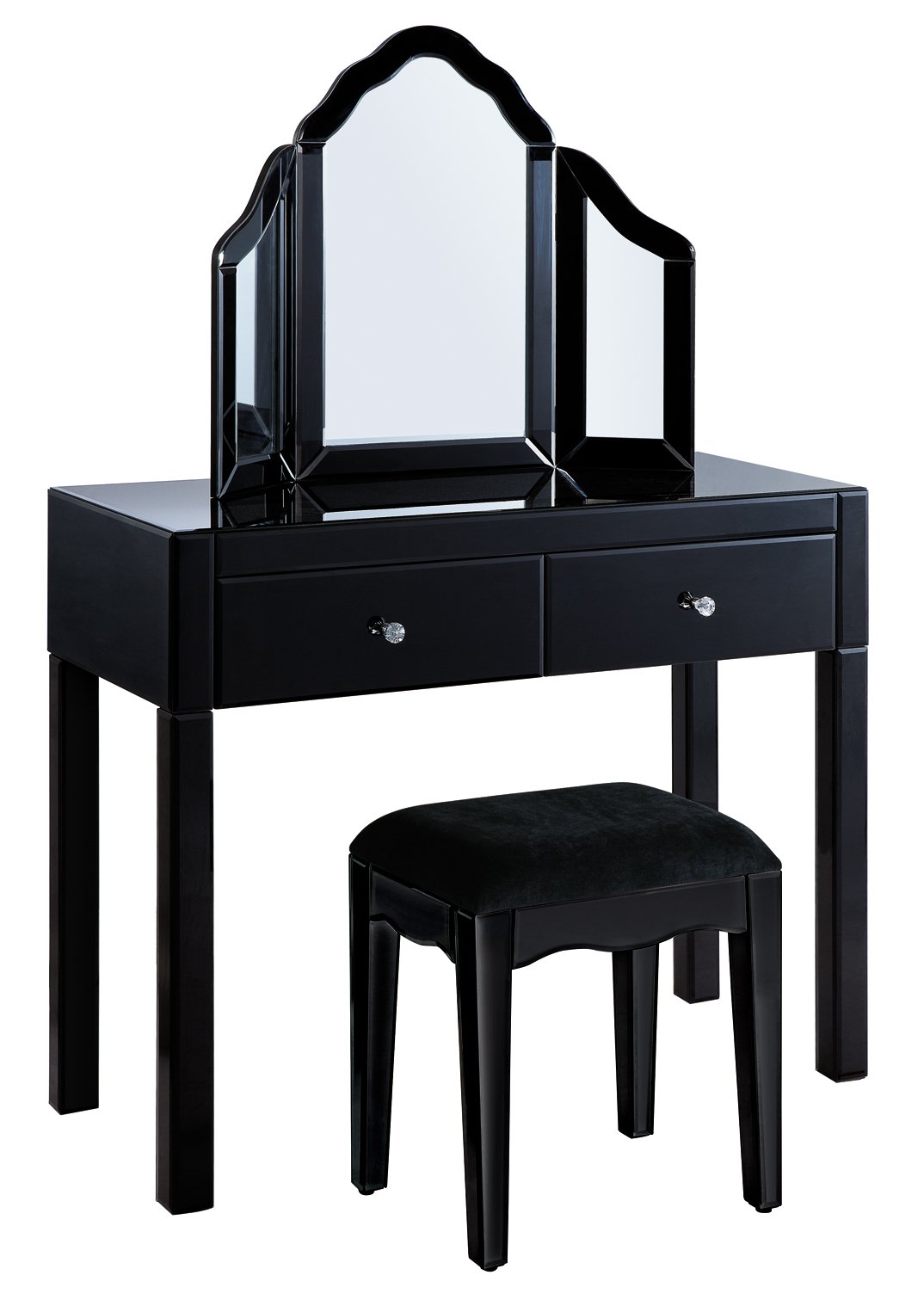 Mirrored Black 2 Draw Dressing Table + Mirror + Stool Package