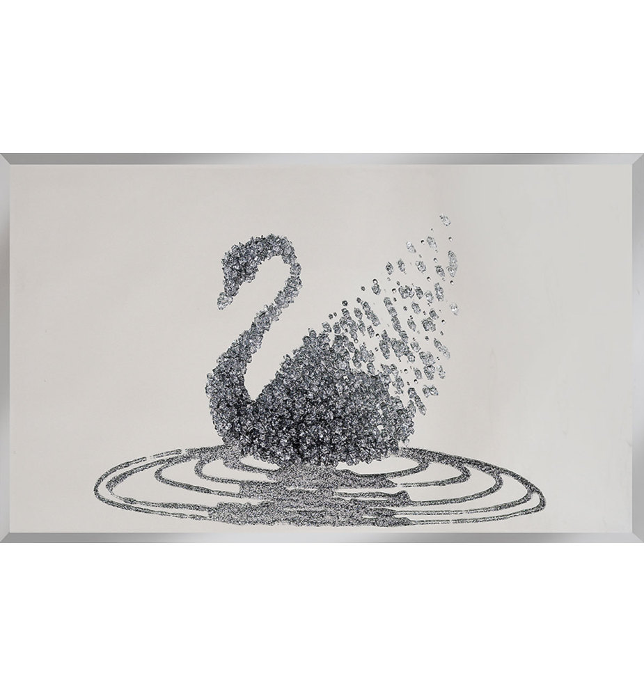 Liquid Glitter Cluster Swan in Silver on a Silver Bevelled Mirror 2 sizes