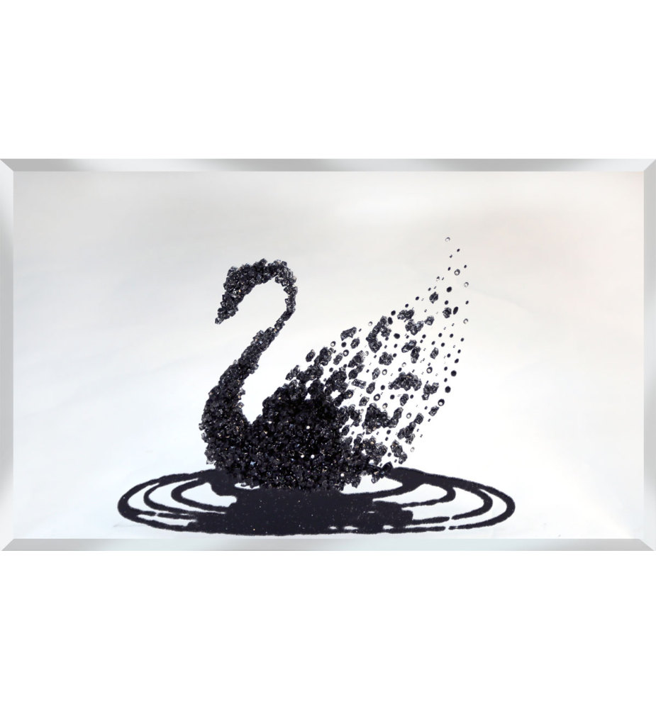 Liquid Glitter Cluster Swan in Black on a Silver Bevelled Mirror 3 sizes