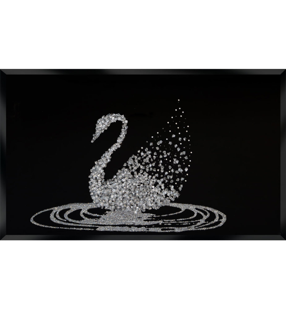 Liquid Glitter Cluster Swan in Silver on a Black Bevelled Mirror 3 sizes