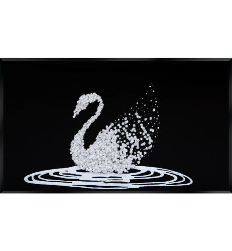 Liquid Glitter Cluster Swan in White on a Black Bevelled Mirror 3 sizes