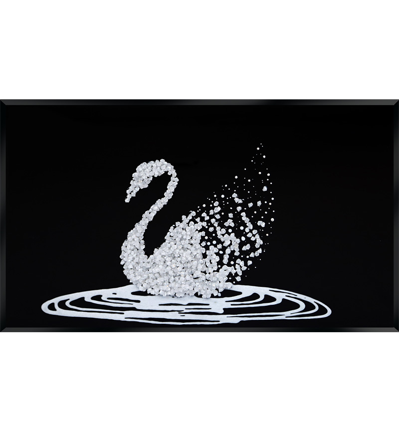Liquid Glitter Cluster Swan in White on a Black Bevelled Mirror 3 sizes
