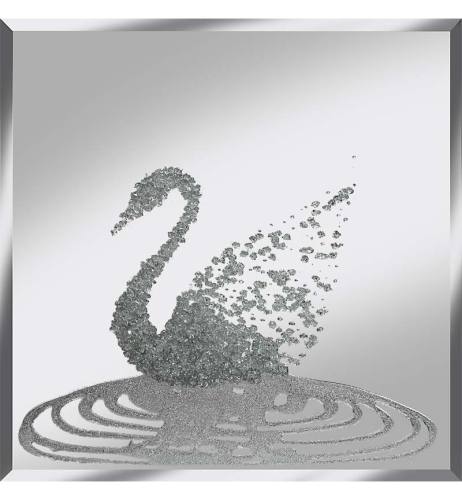 Liquid Glitter Cluster Swan in Silver on a Silver Bevelled Mirror 75cm x 75