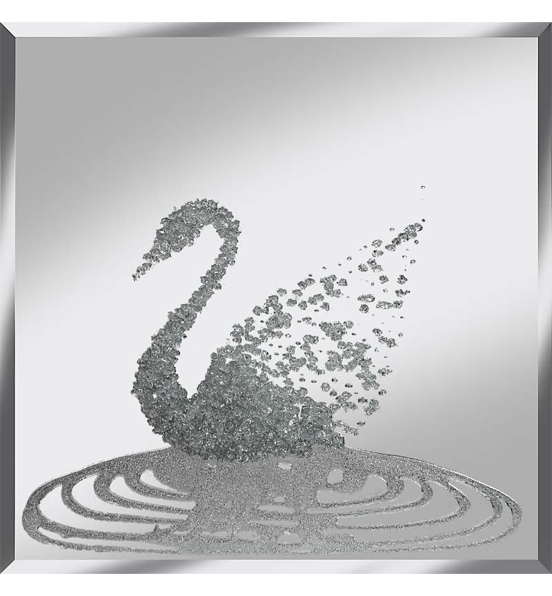 Liquid Glitter Cluster Swan in Silver on a Silver Bevelled Mirror 75cm