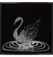 Liquid Glitter Cluster Swan in Silver on a Black Bevelled Mirror 75cm x 75cm