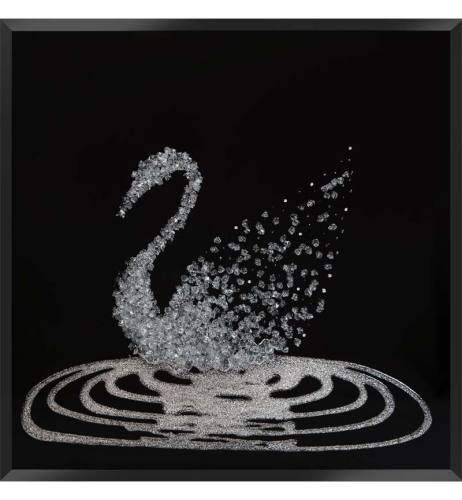 Liquid Glitter Cluster Swan in Silver on a Black Bevelled Mirror 75cm x 75c