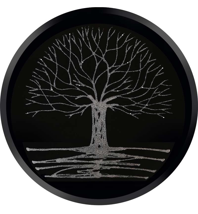 Glitter Tree Silver on a Black Round Bevelled Mirror 70cm
