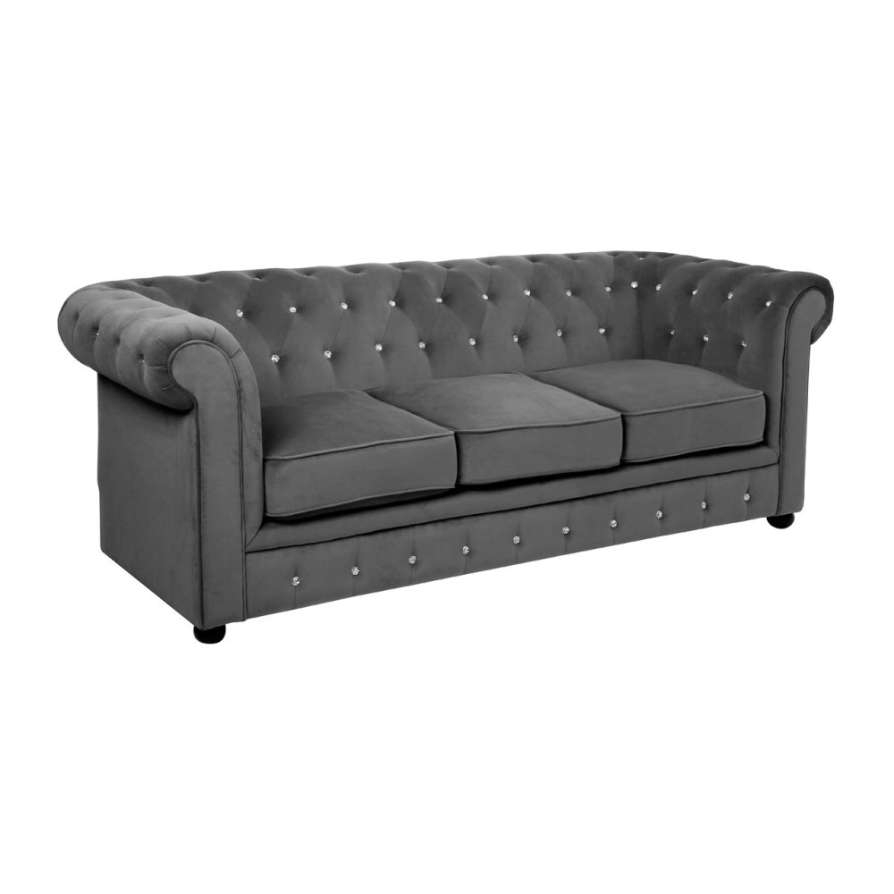Regent 3 seater Chesterfield In Grey Velour Crystal Studded