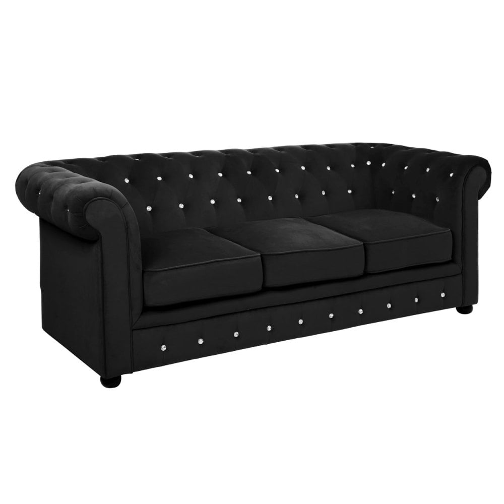 3 seater Chesterfield In Black Velour Crystal Studded