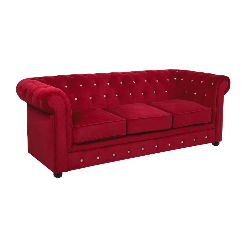 Regent 3 seater Chesterfield In Deep Red Velour Crystal Studded