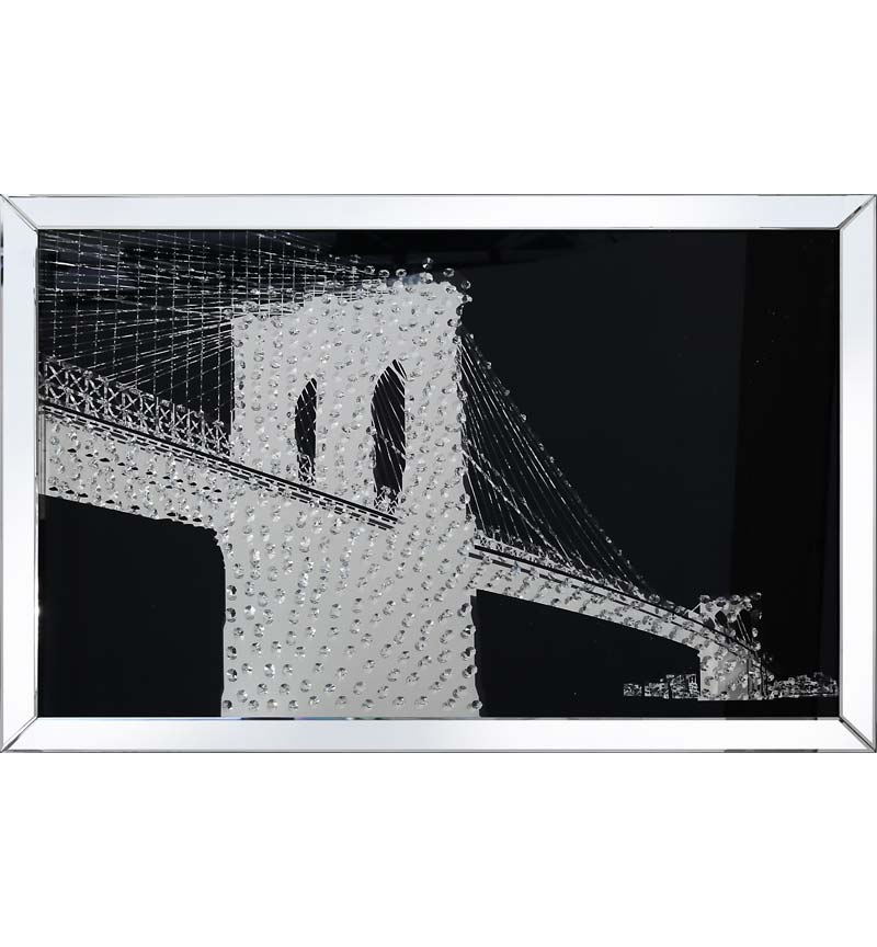 Floating Crystals "New York Brooklyn Bridge" Wall Art Black Mirrored Frame 120cm x 80cm