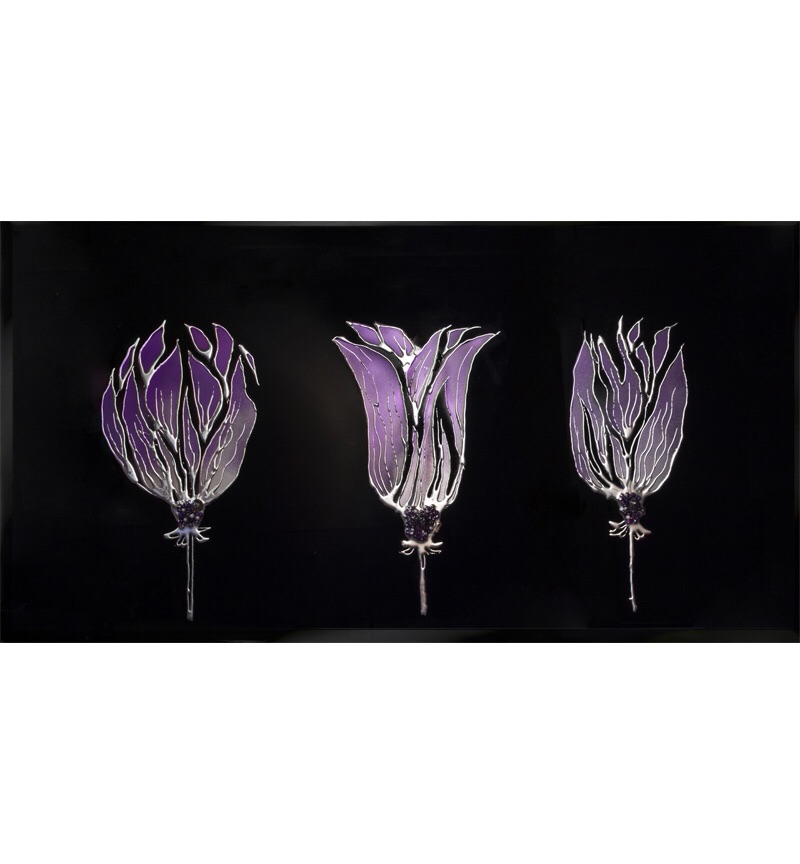 Liquid Glass Triple Tulips in Purple  on a Black Mirror 120cm x 60cm