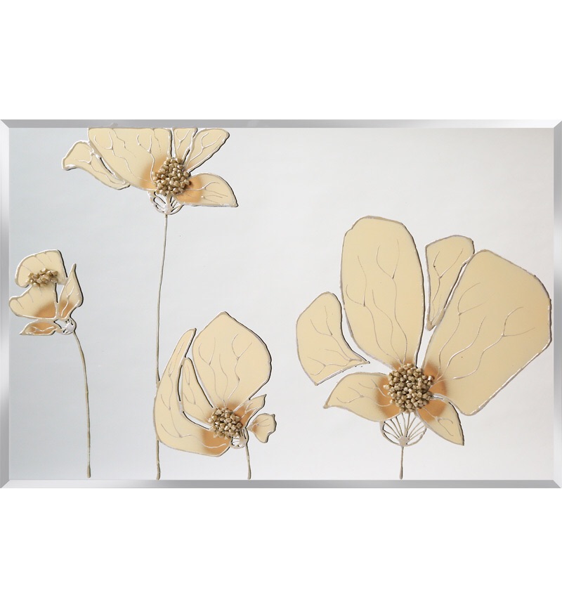 Liquid Glass Flowers in Cream and Swarovski Crystals on a Silver Mirror 120cm x 60cm