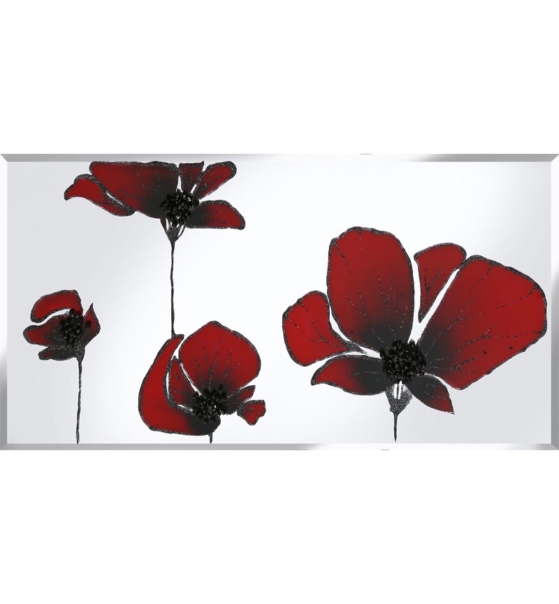 Liquid Glass Flowers in Red and Swarovski Crystals on a Silver Mirror 120cm x 60cm
