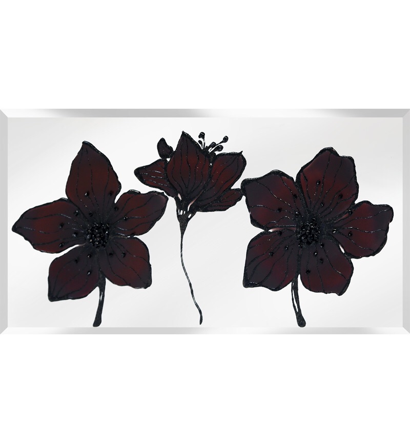 Liquid Glass Flowers in Deep  Brown on  a Silver Mirror 120cm x 60cm