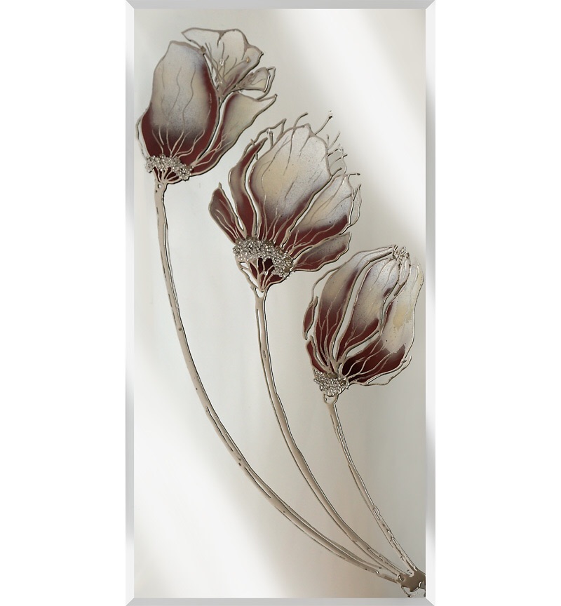 Liquid Glass Tulips / Poppies and Swarovski Crystals on a Silver Mirror 120cm x 60cm