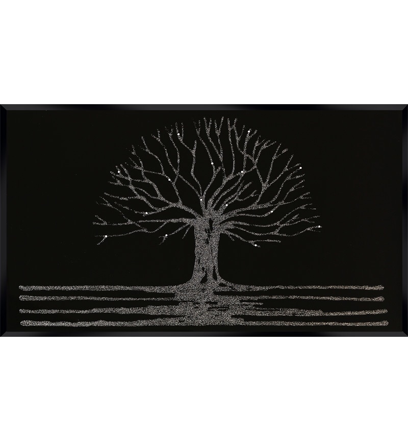 Glitter Tree in Silver on a Black Bevelled Mirror 110cm x 70cm Special Offer
