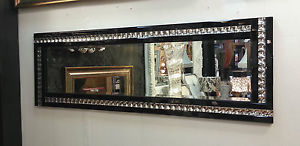 Frameless Bevelled Crystal Border Black & Silver Mirror 120cm x 40cm