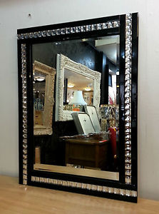 Frameless Bevelled Crystal Border Black & Silver Mirror 120cm x 80cm