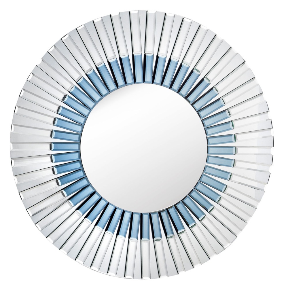 Round Venetian Bevelled Mirror in Silver & Blue 80cm dia