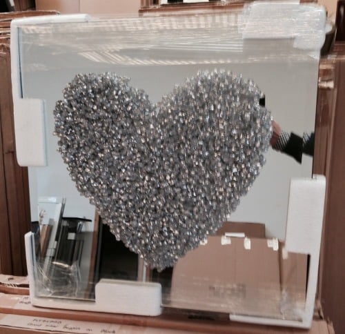 Love Heart Silver Clusters on Silver Bevelled Mirror 75cm x 75cm