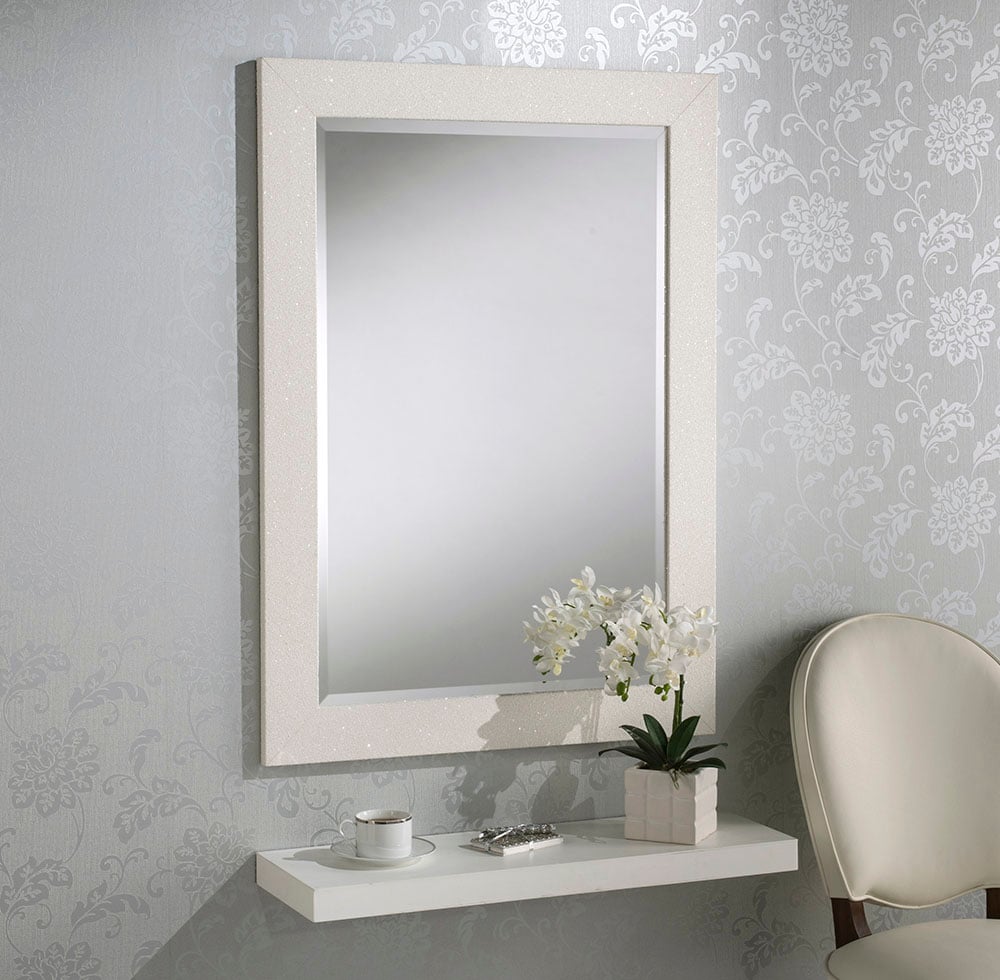 Sparkle Glitter Frame Bevelled Mirror in White - 3 sizes available