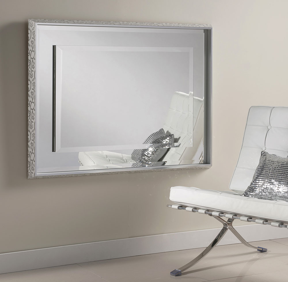 Glamour Chic Framed Bevelled Mirror White / Silver Swirl Frame - 2 sizes
