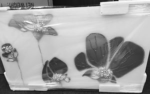 Liquid Glass Flowers in Silver and Swarovski Crystals on a White Mirror 100cm x 60cm
