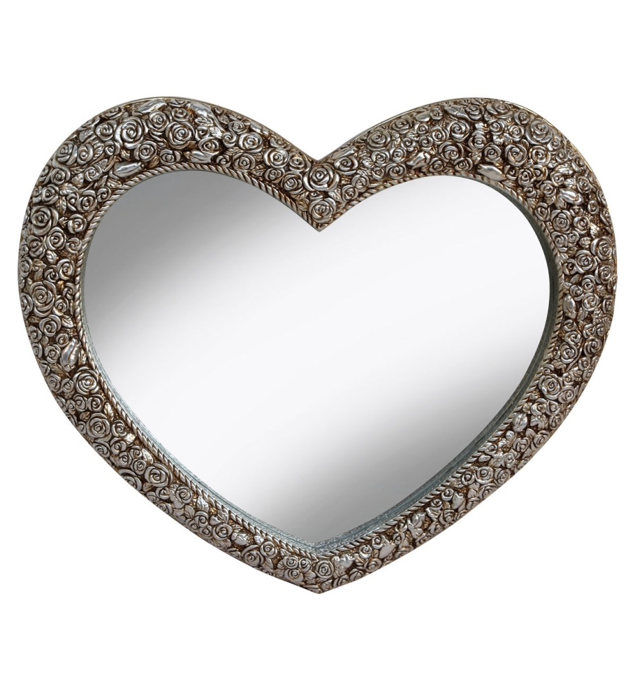 Heart Shaped Mirror with Rose Frame in Champagne Silver