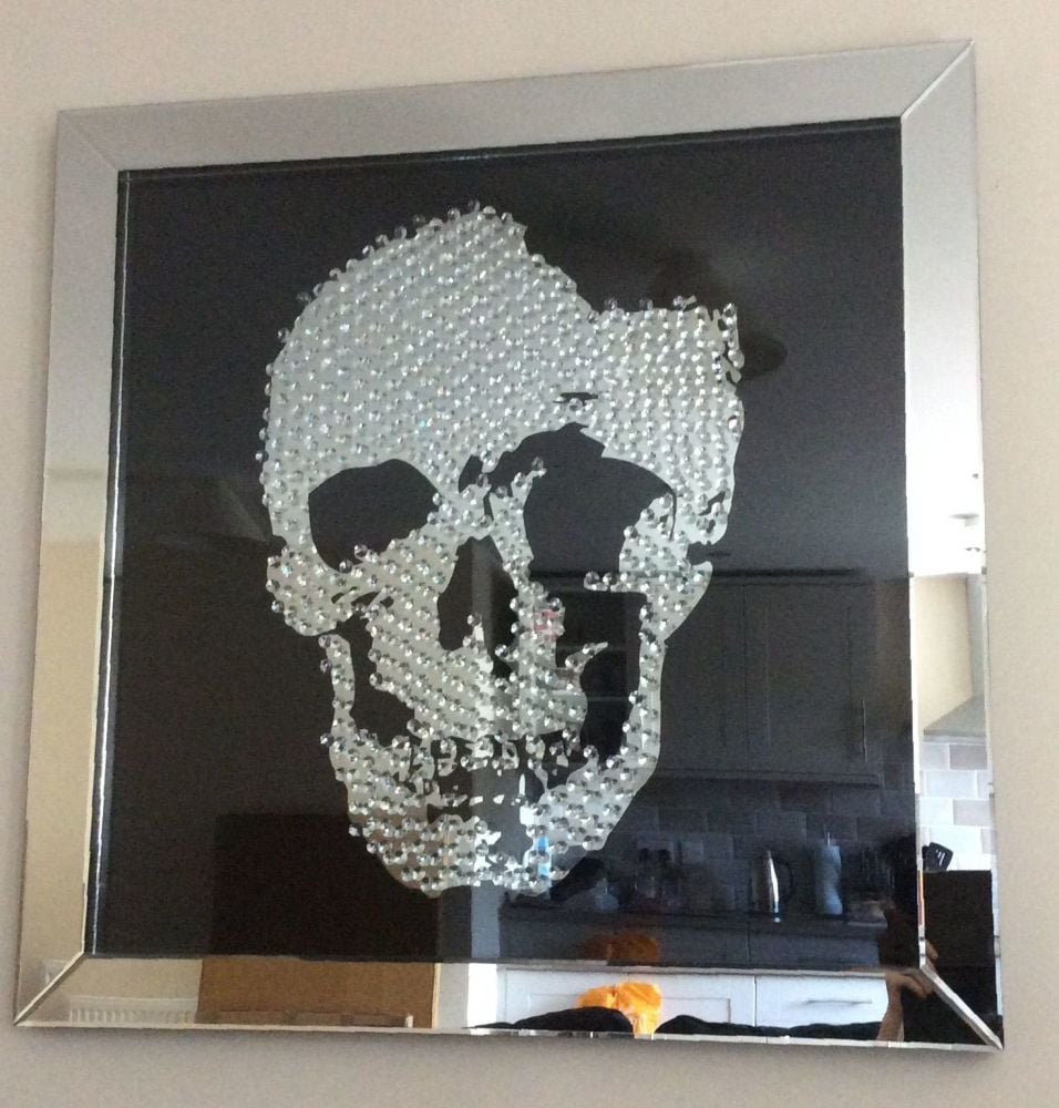 Floating Crystals "Skull" Decor on Black Gloss & Silver Bevelled Mirrored Frame 100cm x 100cm - item in stock 