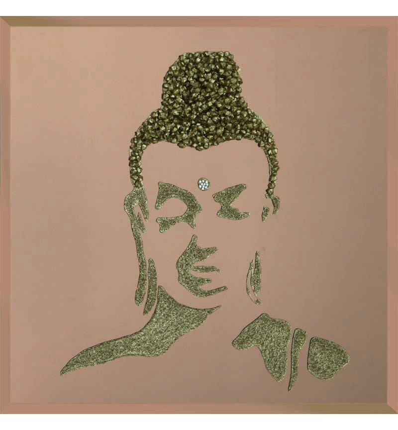 Liquid Glitter Cluster Buddha in Silver on a Bronze Bevelled Mirror 75cm x