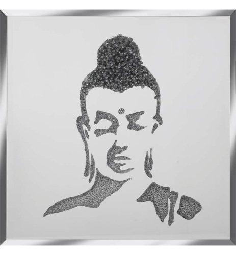 Liquid Glitter Cluster Buddha in Silver on a Silver Bevelled Mirror 75cm x
