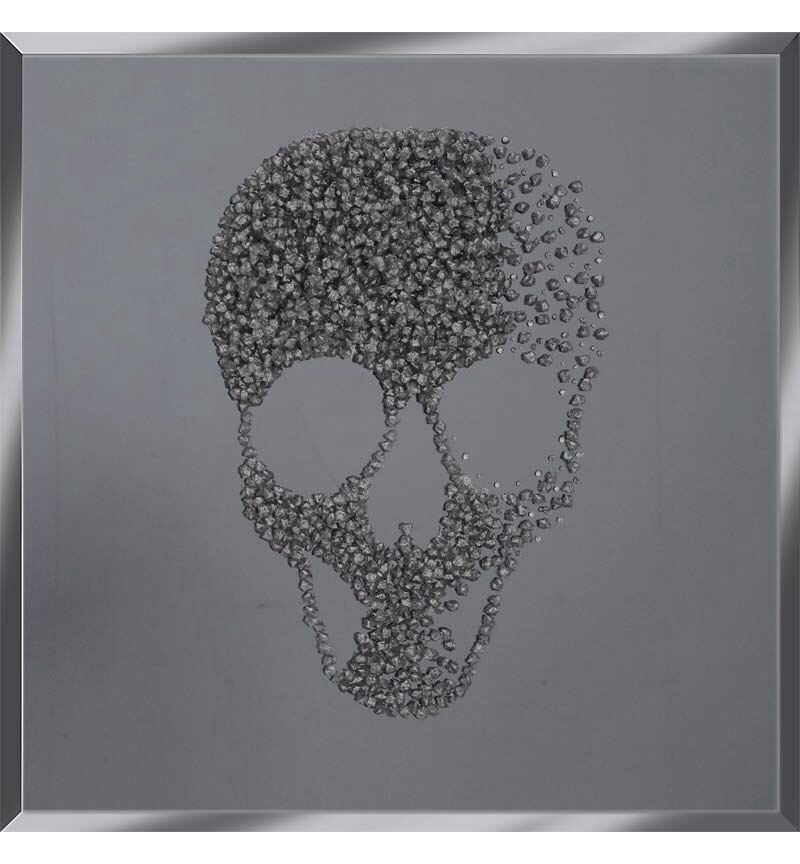 Liquid Glitter Cluster Skull Silver on a Smoked Bevelled Mirror 75cm x 75cm
