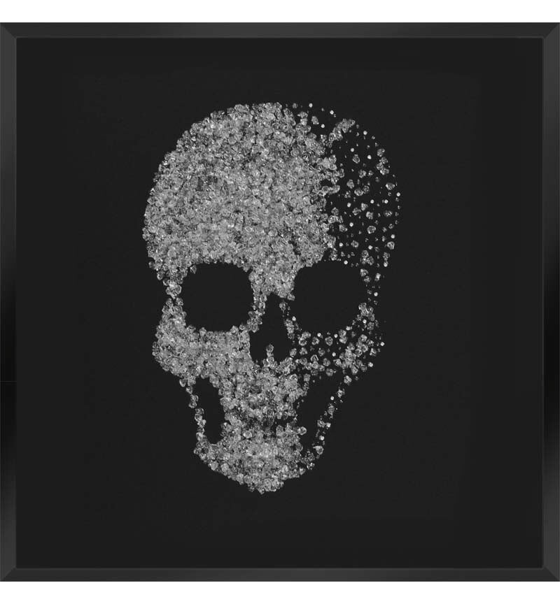 Liquid Glitter Cluster Skull in Silver on a Black Bevelled Mirror 75cm x 75cm