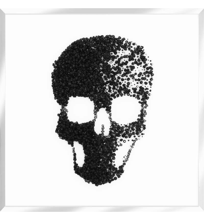 Liquid Glitter Cluster Skull in Black on a White Bevelled Mirror 75cm x 75cm