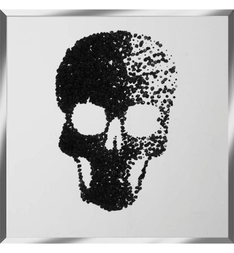 Liquid Glitter Cluster Skull Black on a Silver Bevelled Mirror 75cm x 75cm