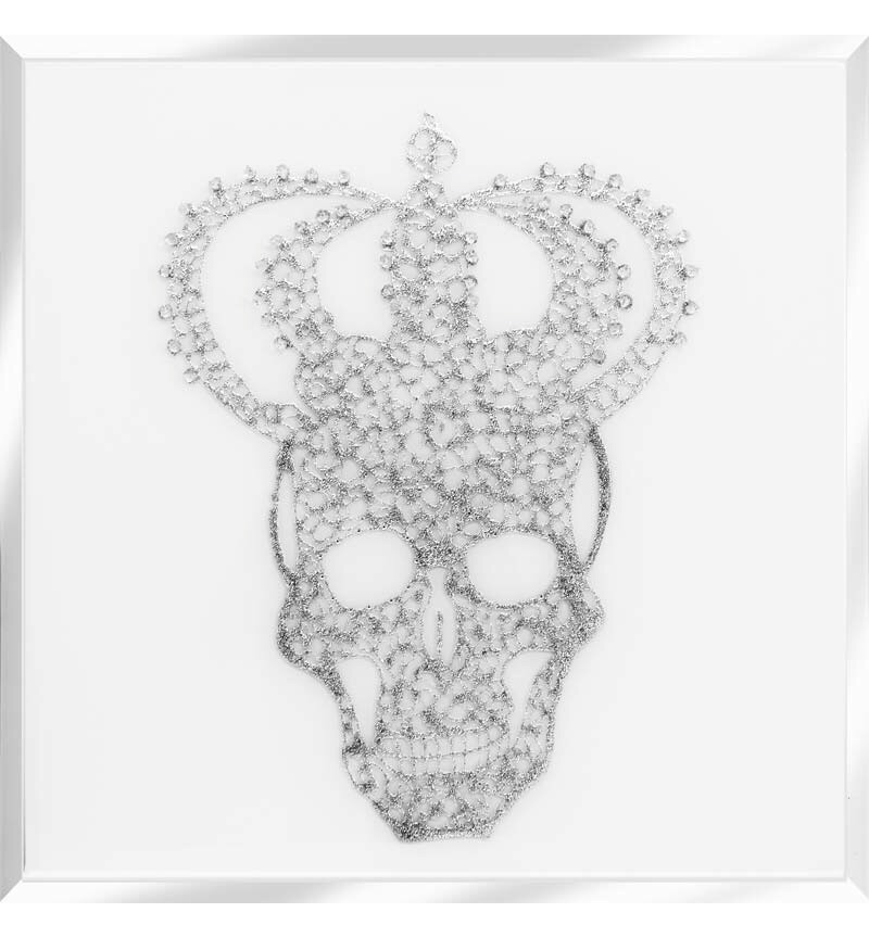 Liquid Glitter Cluster Skull Silver Crown on a Silver Bevelled Mirror 75cm 