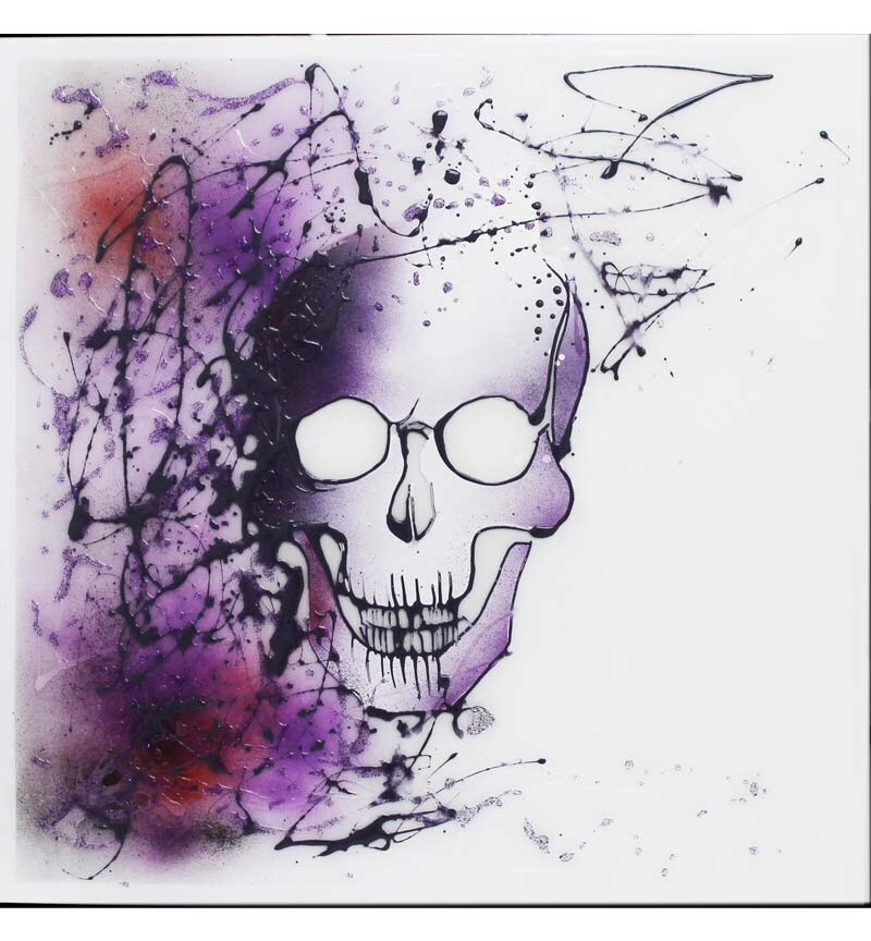 Liquid Glitter Graffiti Skull on a White Bevelled Mirror 75cm x 75cm