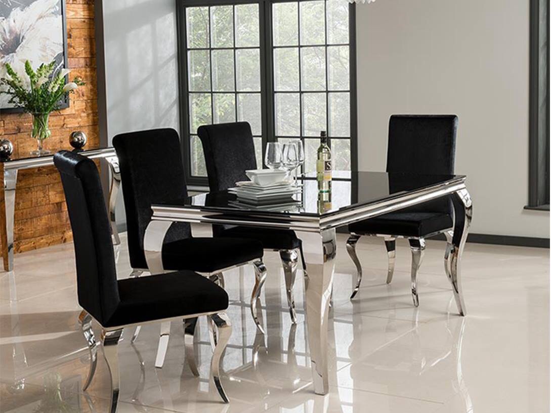 Louis Dining Table 1600mm + 4 Louis Chairs in black or Silver Fabric