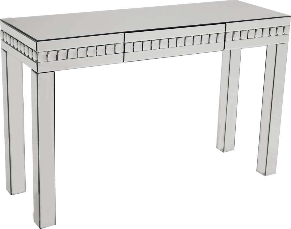 mirrored console table in many sizes and styles. silver mirror, mirror and wood, smoked grey and
