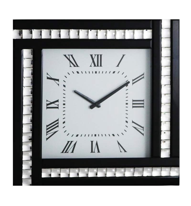 Crystal Border Silver / Black Mirrored Clock 45cm x 45cm 