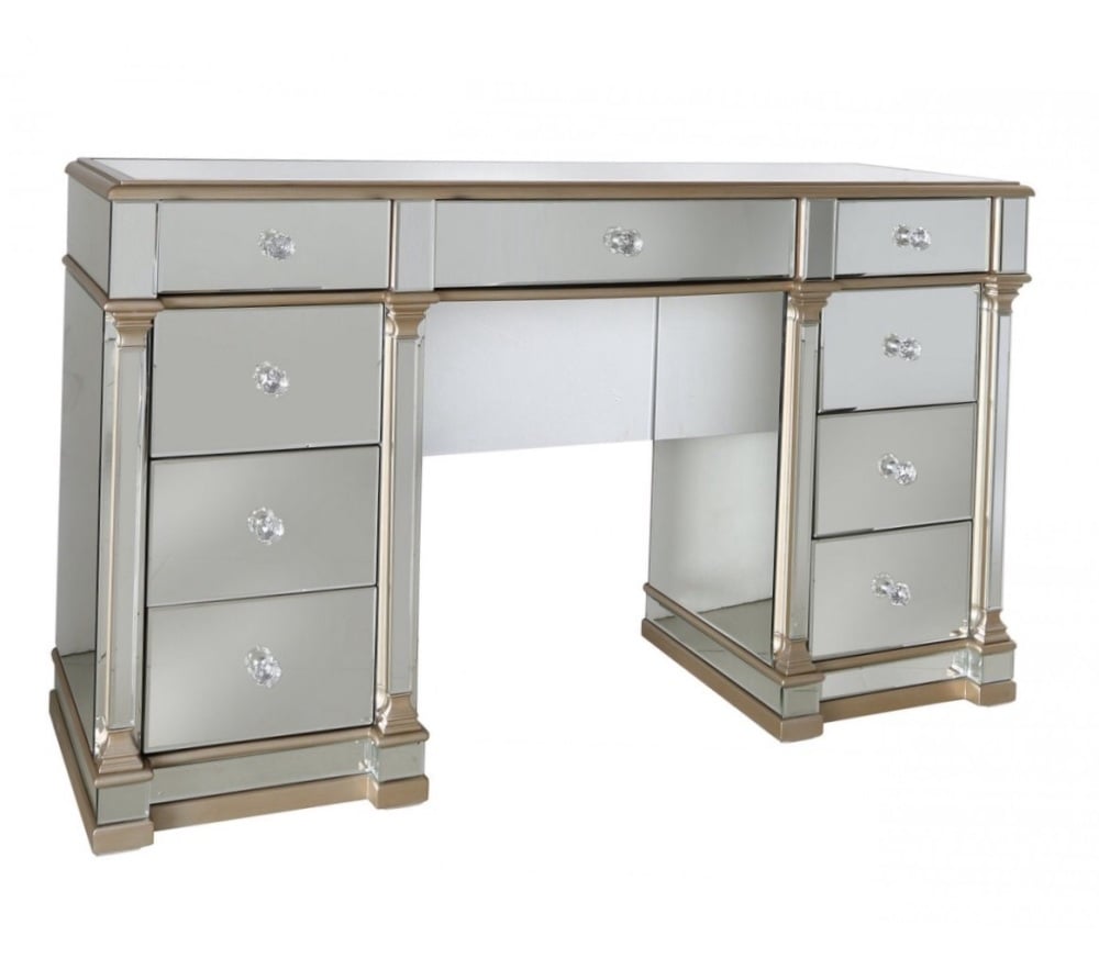 Athena 9 Draw Gold  & Silver Mirrored Desk / Dressing Table