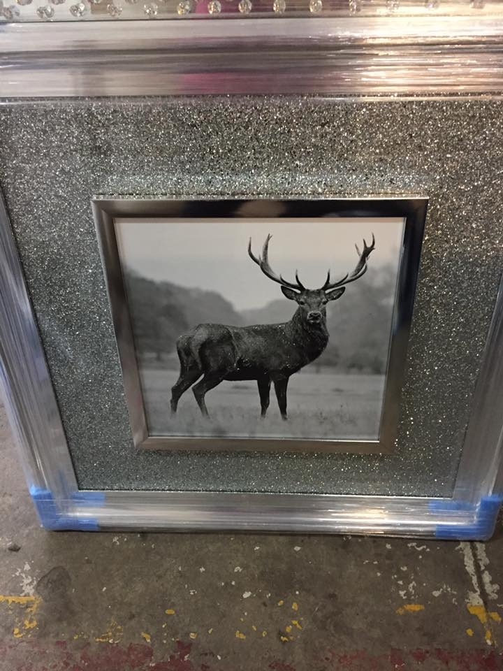 Mirror framed Silver Glitter "Stag" Wall Art  in silver  frame 