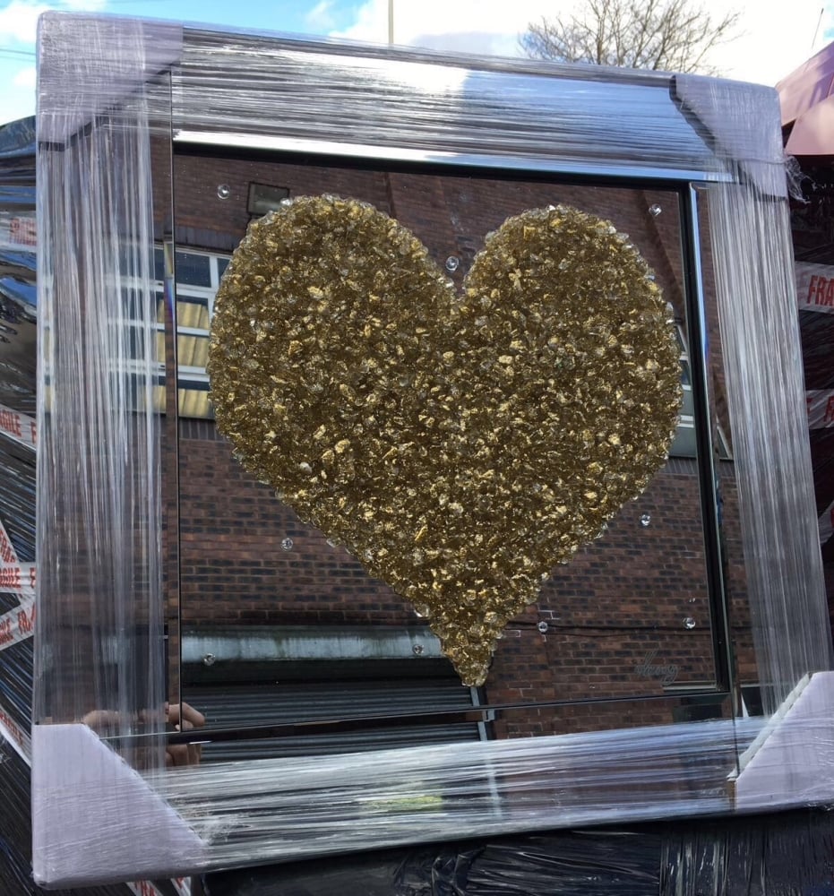 "Heart Cluster Gold" Mirror framed Sparkle Art in stock