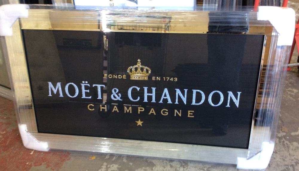 ** Moet Black and Gold Glitter Art in a Mirrored Frame ** 120cm x 60cm