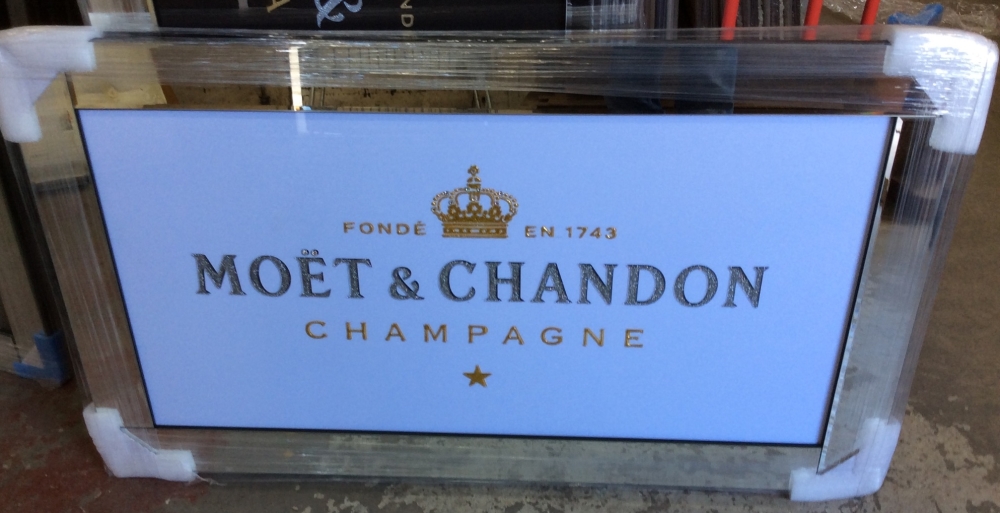 ** Moet Champagne Black and Gold Glitter Art in a Mirrored Frame ** 114cm x 65cm