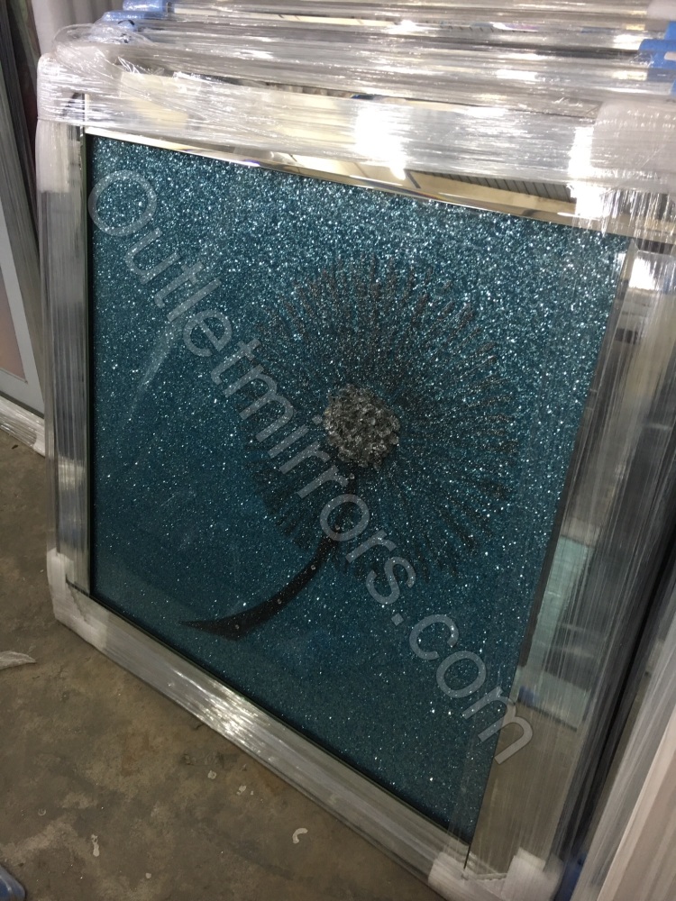  Sparkle Glitter shimmer Flower in Turquoise in a Mirrored frame