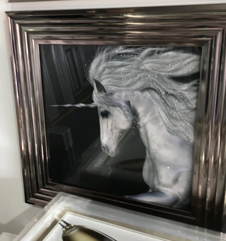 Mirror framed art print "Glitter Sparkle Unicorn" in silver chrome stepped frame