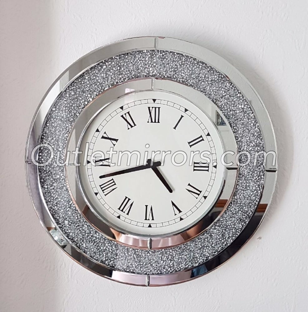 * New Diamond Crush Sparkle Crystal Mirrored Clock round 50cm dia In stock