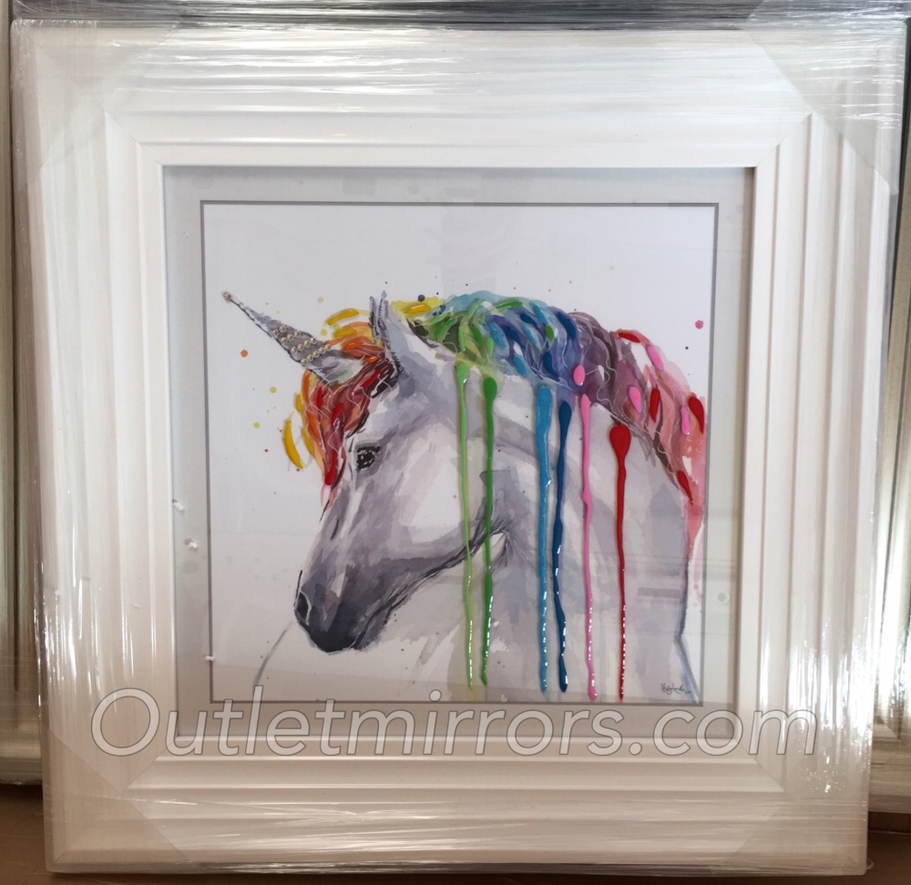 Mirror framed art print "Glitter Sparkle colourful Unicorn" in white stepped frame 